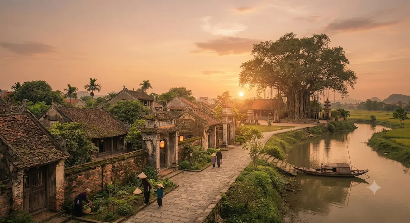 Ngôi nhà thờ họ cổ kính trong ánh hoàng hôn — tượng trưng di sản và truyền thống dòng tộc.